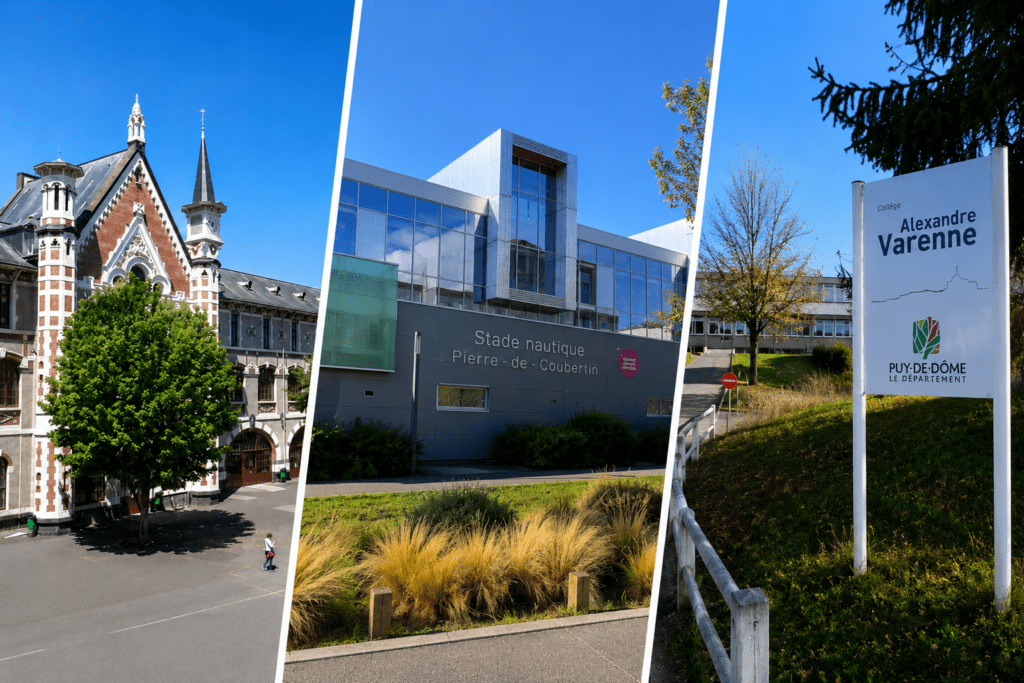 Montage photo présentant trois chantiers CVC réalisés par DEMETER HVAC dans le Puy-de-Dôme : le stade nautique Pierre-de-Coubertin, le lycée Jeanne d’Arc et le collège Alexandre Varenne.